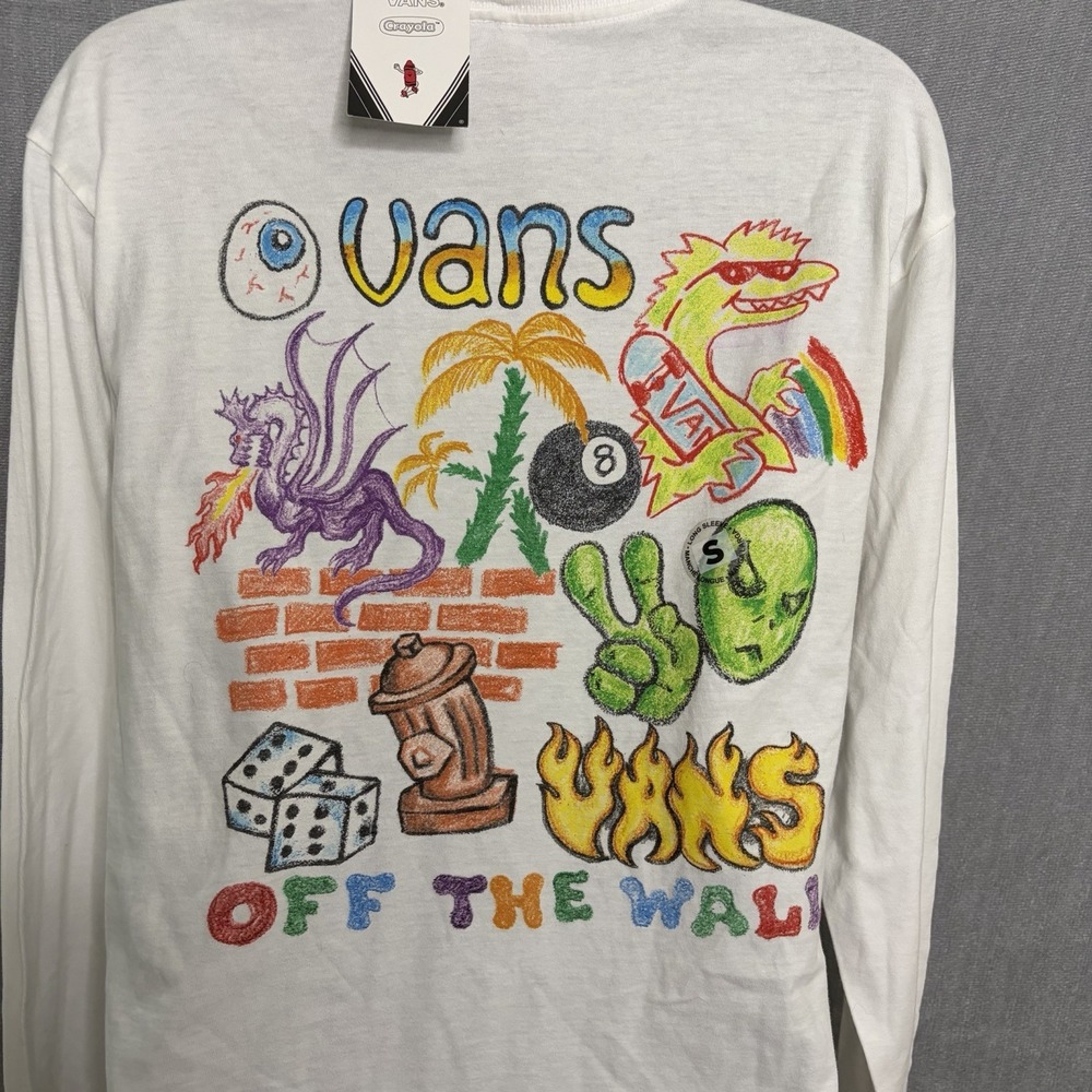 VANS CRAYOLA Crayon Doodle Long Sleeve White Cotton Skate Artwork / Men's Small - Picture 2 of 6